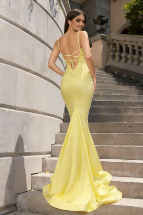Fancy Yellow Sequin Mermaid Prom Dress Sexy V Neck Double Strap Long Gown,OLP2086
