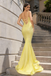 Fancy Yellow Sequin Mermaid Prom Dress Sexy V Neck Double Strap Long Gown,OLP2086