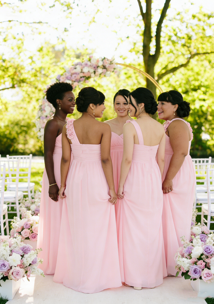 Sweetheart Pink Empire Waist Bridesmaid Dresses Chiffon Flower Shoulder Gowns,BG954
