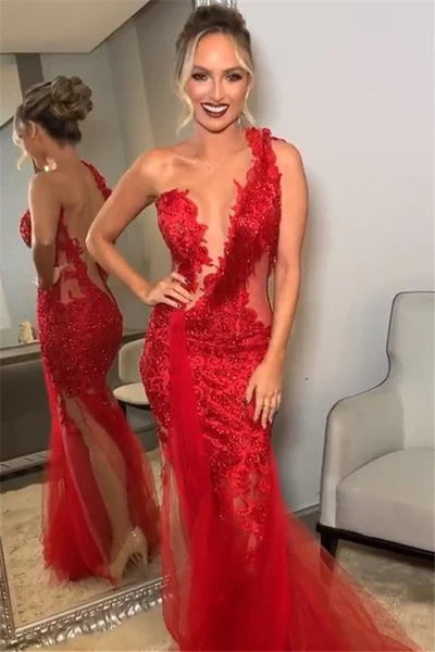 Unique Red Mermaid Lace Long Prom Dress Ideas, Evening Party Dresses, OLP1532