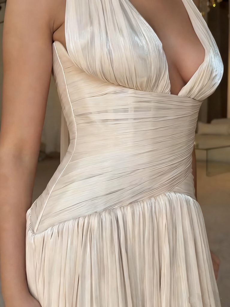 Elegant White V-Neck A-Line Long Prom Dress Ideas, Evening Party Dresses, OLP1388