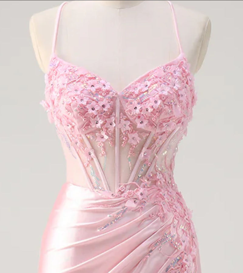 Fancy Pink Satin Prom Dress Sheer Corset Bodice Side Slit Ruched Mermaid Design,OLP2157