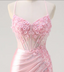 Fancy Pink Satin Prom Dress Sheer Corset Bodice Side Slit Ruched Mermaid Design,OLP2157