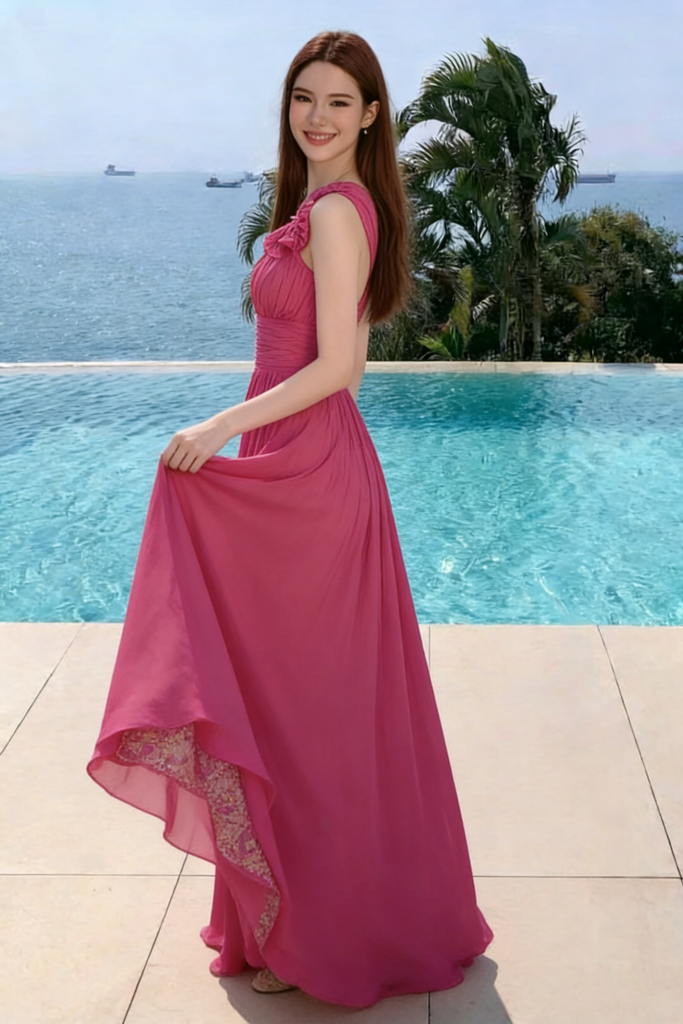 Classy Magenta One-Shoulder Prom Dress Pleated Chiffon Floor Length Gown,OLP2129