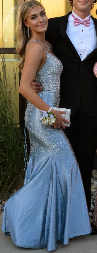 Fancy Glitzy Blue Prom Dress Deep V-Neck Sequined Mermaid Formal Gown,OLP1821