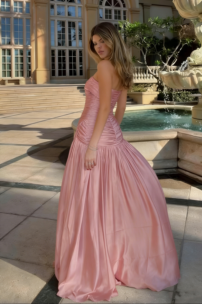 Glamorous Pink Ruched Satin Strapless Prom Dress Mermaid Floor Length Party Gown,OLP1850