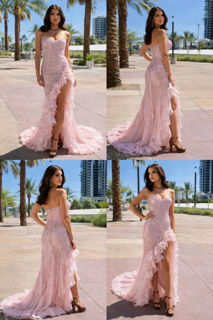 Unique Pink Sequin Strapless Prom Gown High Slit Ruffle Mermaid Formal Dress,OLP1840
