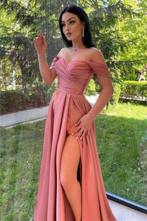 Elegant Pink Off-Shoulder A-Line Long Prom Dress Ideas, Evening Party Dresses, OLP1641