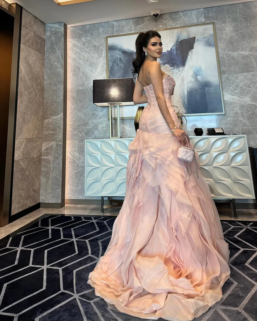 Modern Pale Pink Ruffle Prom Dress Strapless Tiered Tulle Party Gown,OLP1791