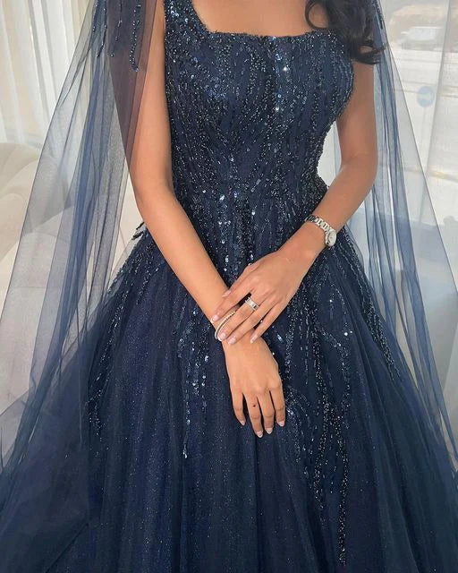 Elegant Navy Blue Spaghetti Strap A-Line Long Prom Dress Ideas, Evening Party Dresses, OLP1563