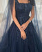 Elegant Navy Blue Spaghetti Strap A-Line Long Prom Dress Ideas, Evening Party Dresses, OLP1563