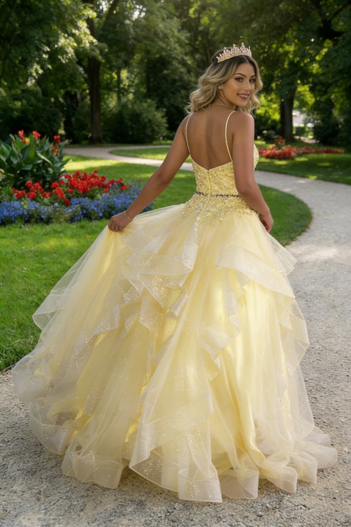 Fancy Yellow Tulle Prom Dress Beaded Bodice Tiered Ruffle Skirt Ball Gown,OLP2093