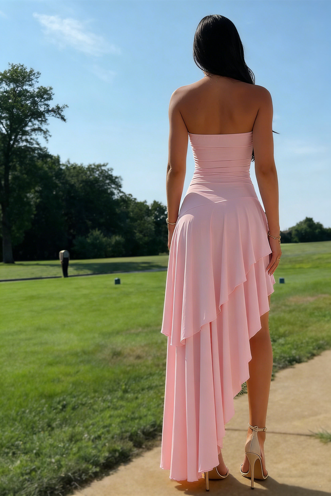 Pink Strapless High Low Prom Dress Unique Ruffle Chiffon Party Formal Dresses,OLP1720