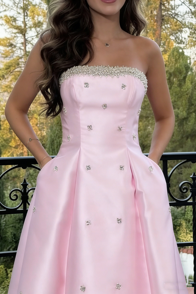 Classy Pink Satin Ballgown Prom Dress Crystal Embellishments Hidden Pockets,OLP2006