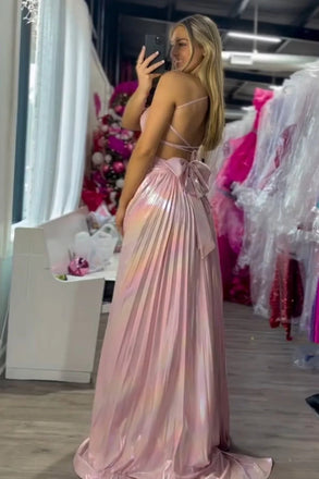 Elegant Pink Spaghetti Strap A-Line Side Slit Long Prom Dress Ideas, Evening Party Dresses, OLP1287
