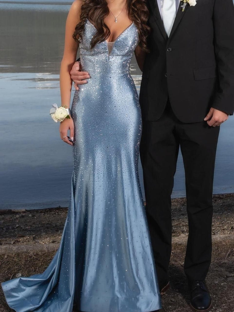 Fancy Glitzy Blue Prom Dress Deep V-Neck Sequined Mermaid Formal Gown,OLP1821