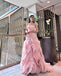 Modern Pale Pink Ruffle Prom Dress Strapless Tiered Tulle Party Gown,OLP1791