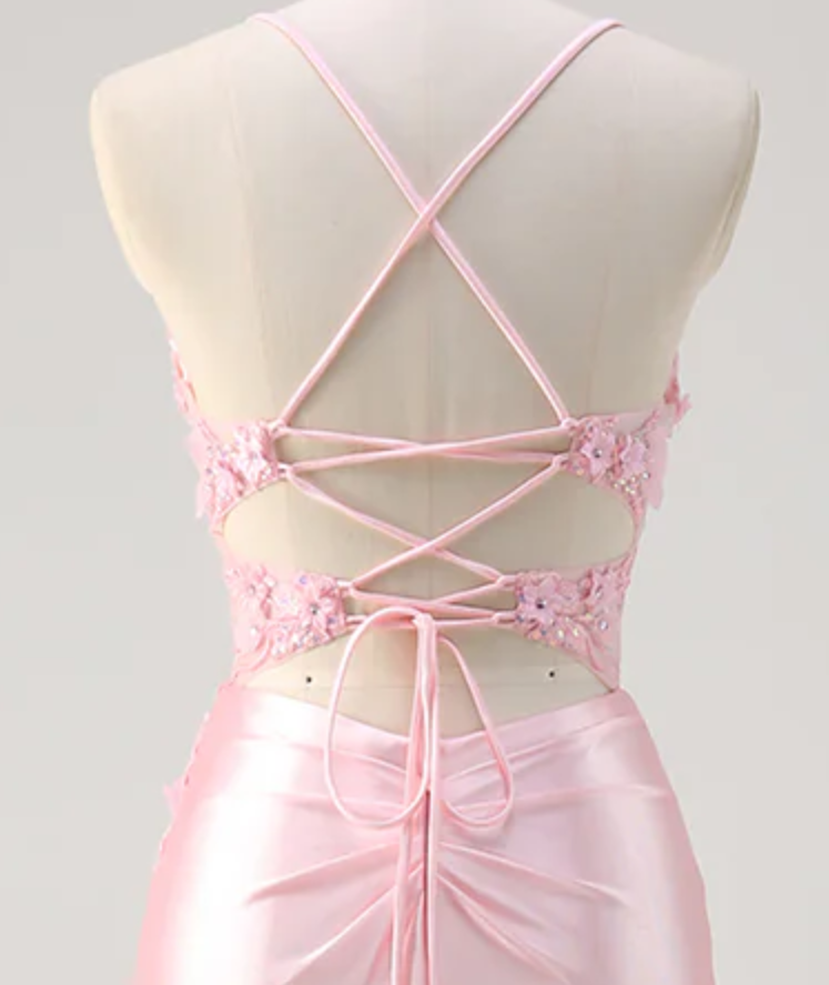 Fancy Pink Satin Prom Dress Sheer Corset Bodice Side Slit Ruched Mermaid Design,OLP2157