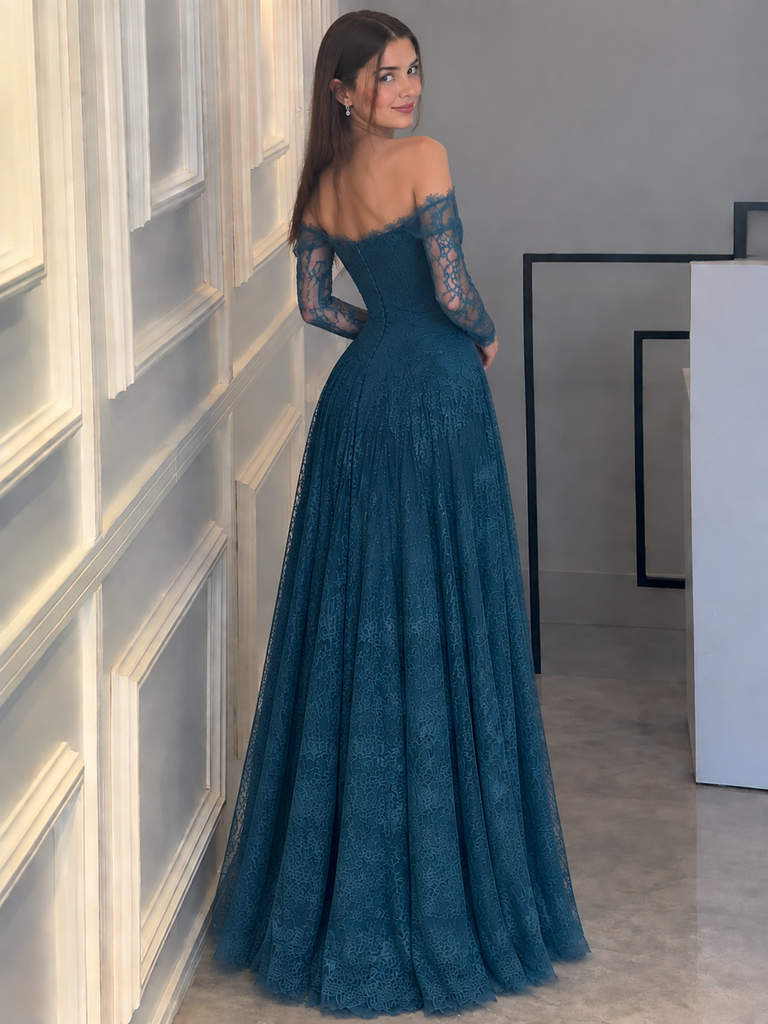 Chic Off Shoulder Long Sleeve Teal Lace Prom Dress A Line Floor Length Gown,OLP2413