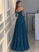 Chic Off Shoulder Long Sleeve Teal Lace Prom Dress A Line Floor Length Gown,OLP2413