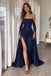 Fancy Navy Blue Strapless Cape Sleeve Slit Prom Dress,OLP2454