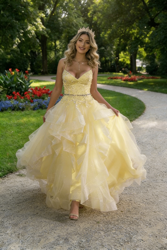 Fancy Yellow Tulle Prom Dress Beaded Bodice Tiered Ruffle Skirt Ball Gown,OLP2093
