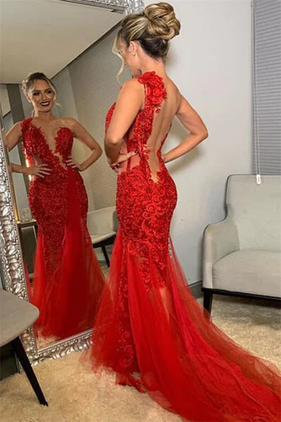 Unique Red Mermaid Lace Long Prom Dress Ideas, Evening Party Dresses, OLP1532
