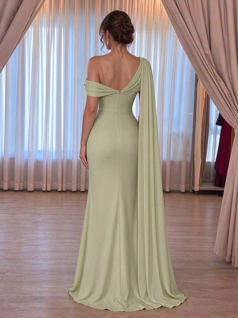 Elegant Sage Green One-Shoulder Chiffon Prom Dress Cape,OLP2467