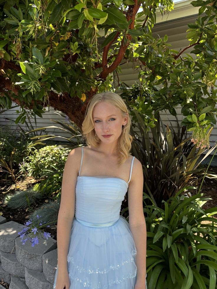 Unique Light Blue Tiered Tulle Ball Gown with Sparkly Beaded Ruffle Detailing,OLP1888