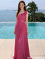 Classy Magenta One-Shoulder Prom Dress Pleated Chiffon Floor Length Gown,OLP2129