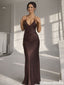 Minimalist Espresso Brown Satin Prom Dress Sexy V Neck Backless Evening Gown,OLP1911