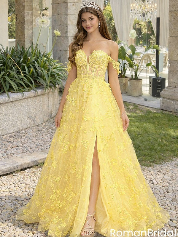 Beautiful Yellow Lace Prom Dress Butterfly Appliques Off-Shoulder,OLP2106