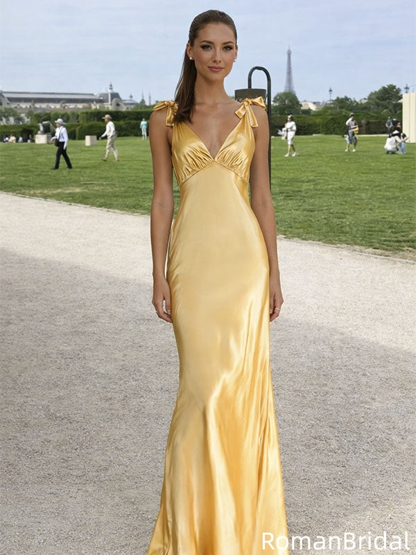 Classy Gold Silk Satin Prom Slip Dress with Tie Shoulder plus V Neckline,OLP2038