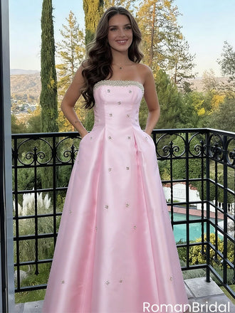 Classy Pink Satin Ballgown Prom Dress Crystal Embellishments Hidden Pockets,OLP2006