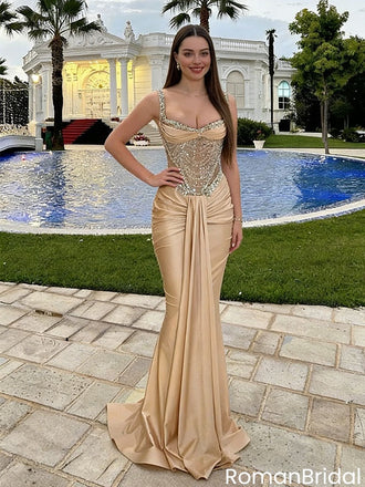 Unique Champagne Mermaid Prom Dress Sparkly Beaded Corset Straps Floor Length,OLP2176
