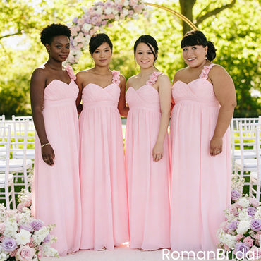 Sweetheart Pink Empire Waist Bridesmaid Dresses Chiffon Flower Shoulder Gowns,BG954