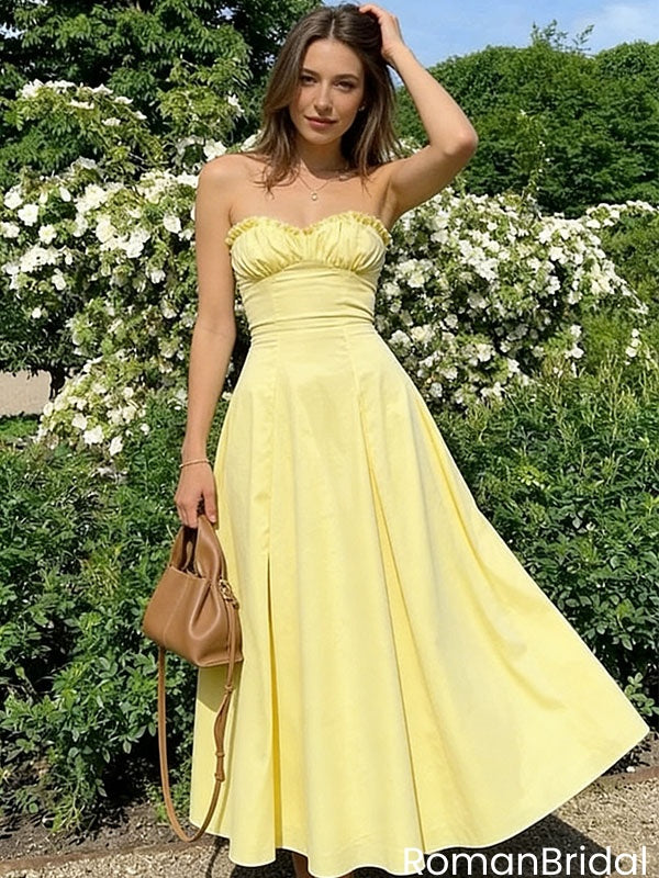 Pretty Yellow Cotton Prom Gown Strapless Sweetheart Neck Ruffle Bust Dress,OLP2117