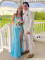 Unique V-Neck Sparkly Blue Sequin Prom Gown Sheer Mesh Side Split Dress,OLP2144