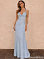 Unique Dusty Blue Satin Slip Prom Dress with V-Neck Neckline,OLP1870