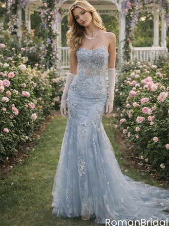 Glamorous Ice Blue Embroidery Mermaid Dress with Sheer Tulle Court Train,OLP1897