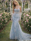 Glamorous Ice Blue Embroidery Mermaid Dress with Sheer Tulle Court Train,OLP1897