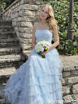 Unique Light Blue Tiered Tulle Ball Gown with Sparkly Beaded Ruffle Detailing,OLP1888