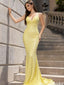 Fancy Yellow Sequin Mermaid Prom Dress Sexy V Neck Double Strap Long Gown,OLP2086
