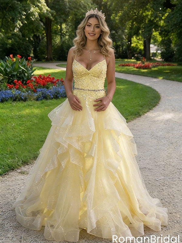 Fancy Yellow Tulle Prom Dress Beaded Bodice Tiered Ruffle Skirt Ball Gown,OLP2093