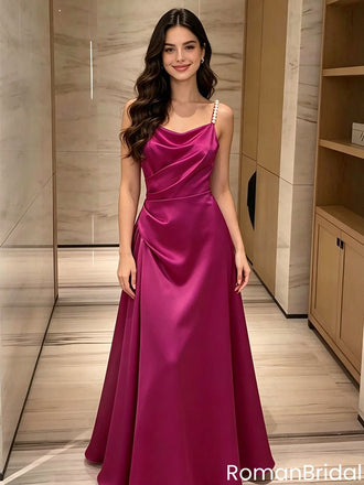Fushia Magenta Strappy Pearl Strap Cowl Neck Sleeveless Long Prom Dress,OLP2217