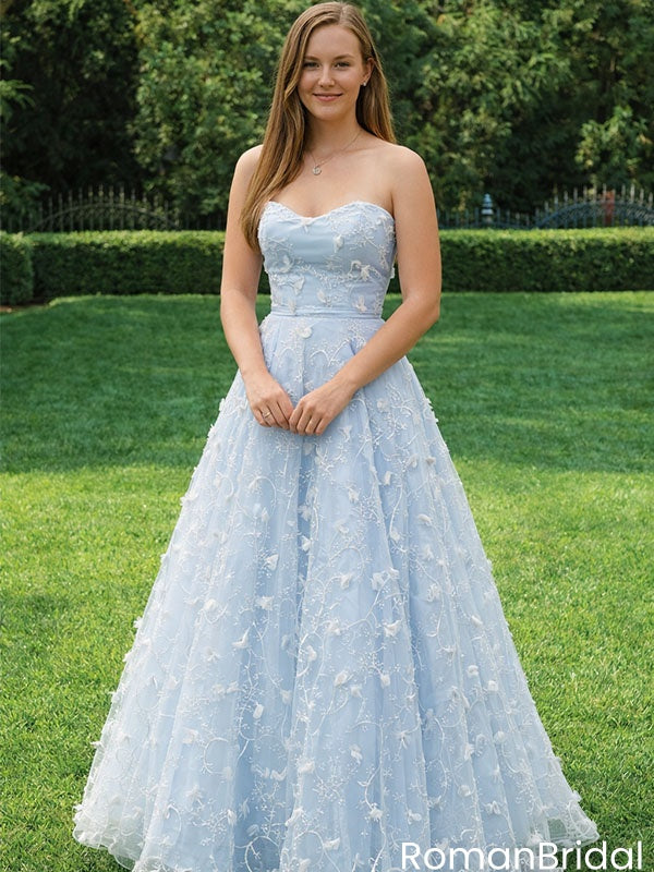 Pretty Light Blue 3D Floral Prom Dress Strapless Tulle A-Line Party Gown,OLP2030
