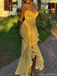 Elegant Yellow Spaghetti Strap Mermaid High Low Prom Dress Ideas, Evening Party Dresses, OLP1449