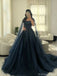 Elegant Navy Blue Spaghetti Strap A-Line Long Prom Dress Ideas, Evening Party Dresses, OLP1563