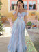 Ethereal Blue Off-Shoulder Tulle Prom Gown Iridescent Sparkle Tiered Ball Dress,OLP1799