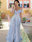 Ethereal Blue Off-Shoulder Tulle Prom Gown Iridescent Sparkle Tiered Ball Dress,OLP1799
